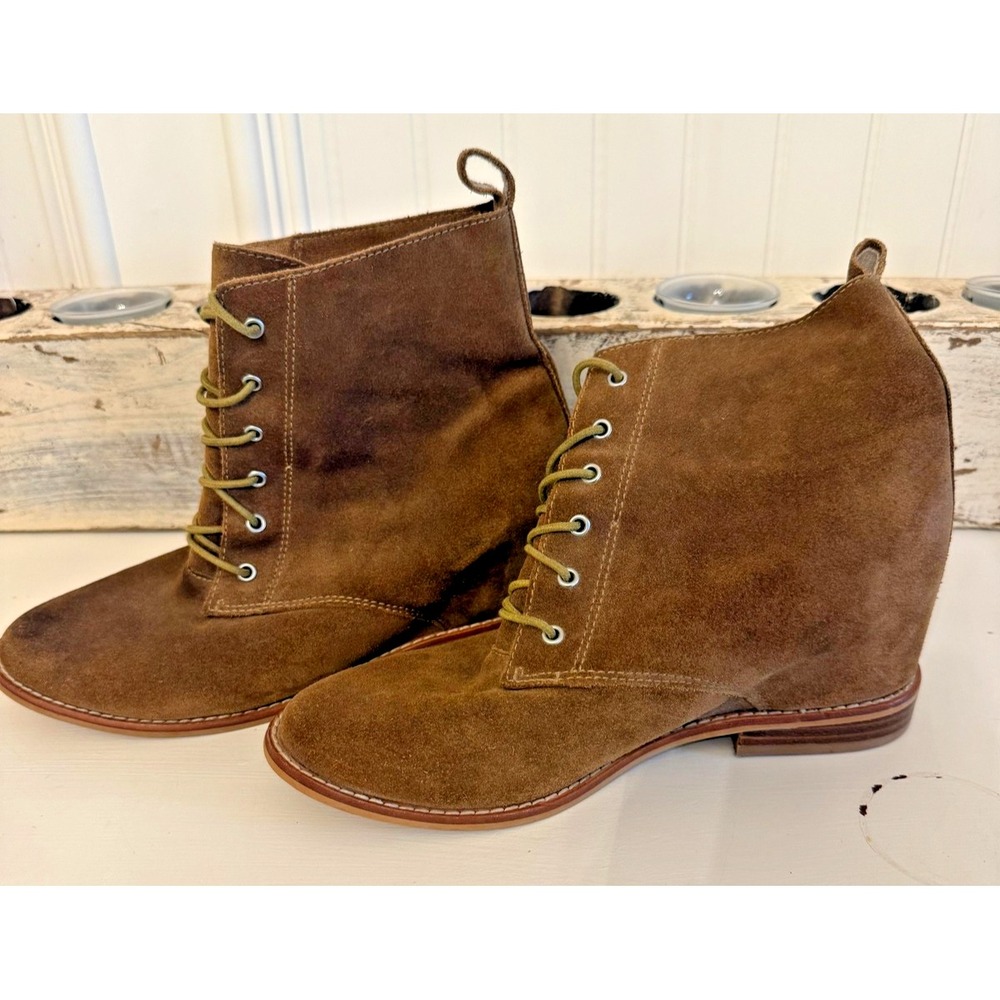 Suede Leather Boots Womens Size 9 Brown Hidden Wedge Lace Up Cottagecore
